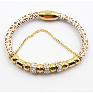 Fashion Magnet Leather Bracelet with Gold Plated Stainless Steel Bead & Zirconia Beads